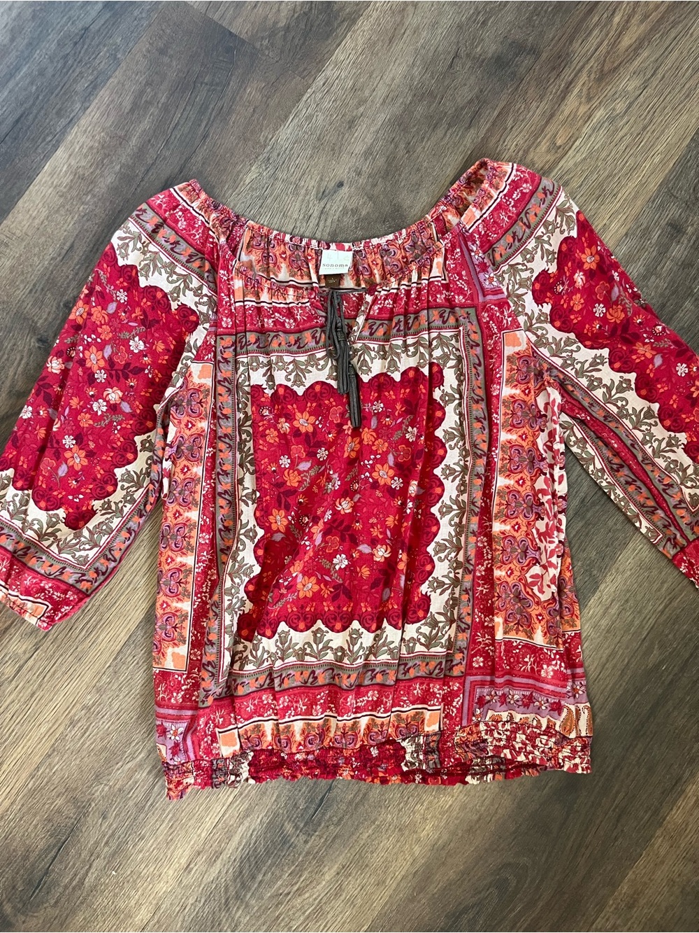 Sonoma Red Floral Boho Patchwork Relaxed Peasant Blouse 100% Cotton